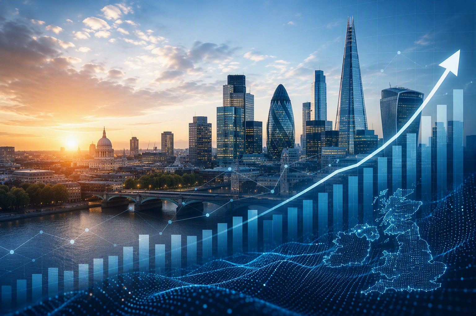 City sky line with growth arrow