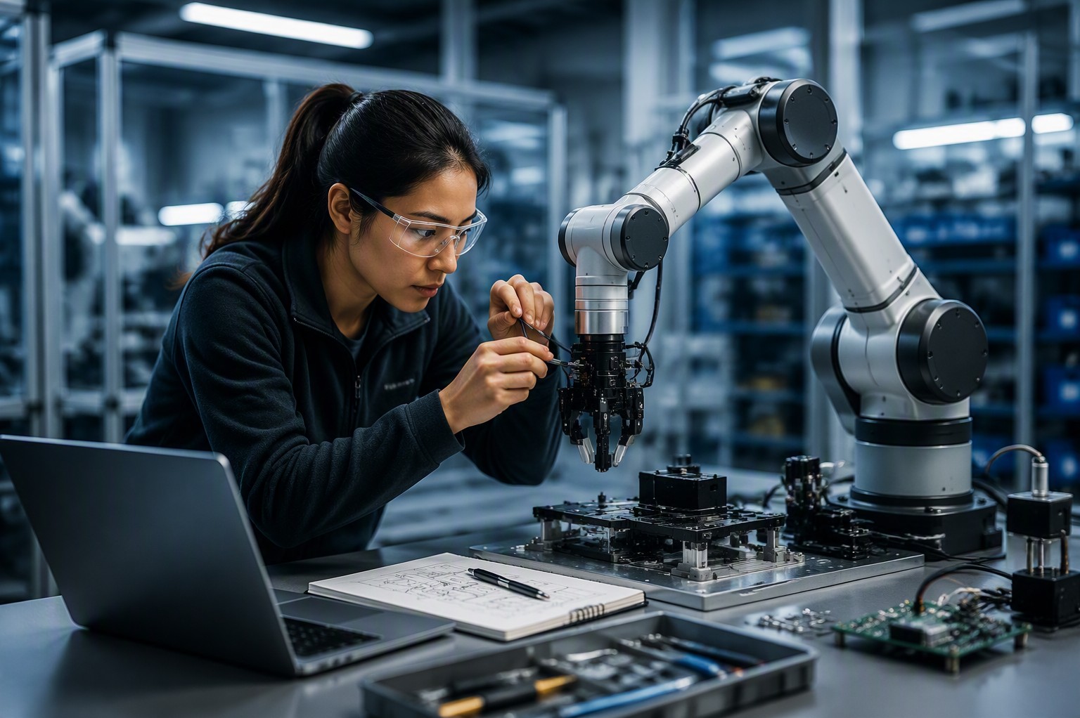 A robotics engineer working on a robotic arm