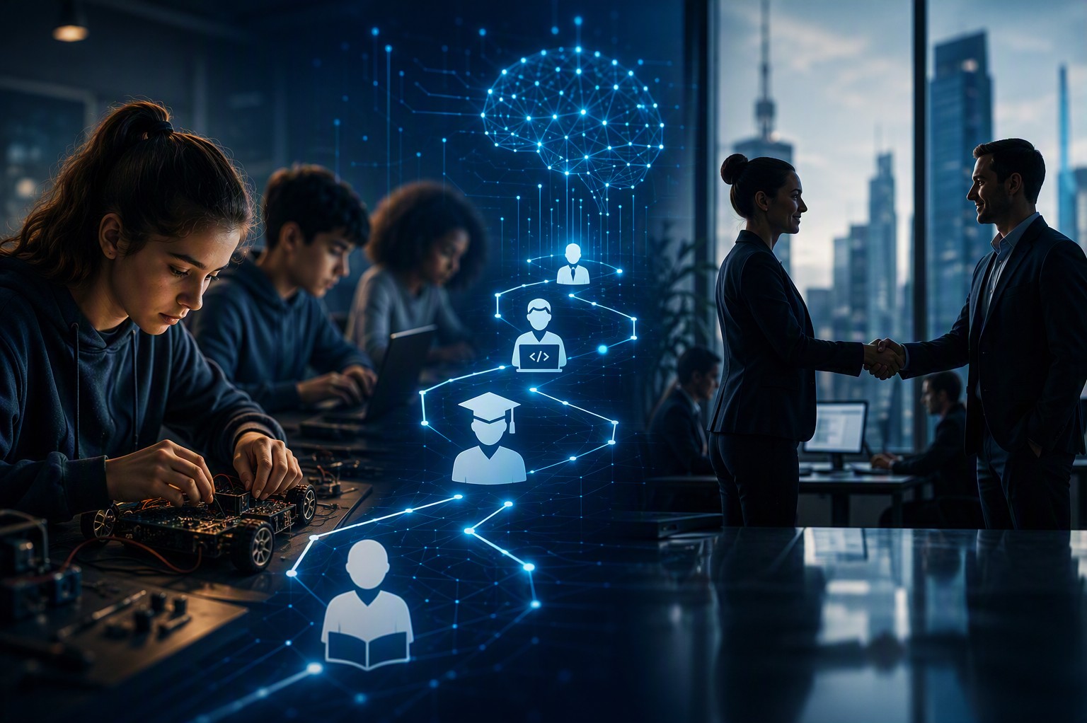Students and technology professionals connected by an AI-themed digital talent pathway graphic