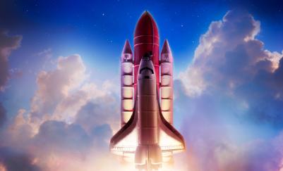 Space shuttle flying into the clouds
