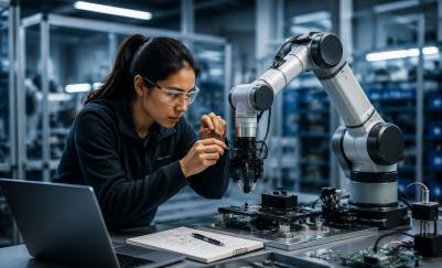A robotics engineer working on a robotic arm