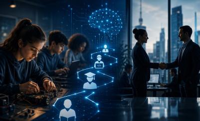 Students and technology professionals connected by an AI-themed digital talent pathway graphic